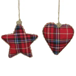 Allstate Stars>Set Of 2 Red Plaid Heart And Star Shatterproof Christmas Ornaments 5"