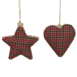Allstate Stars>Set Of 2 Red Plaid Heart And Star Shatterproof Christmas Ornaments 5"