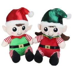 Plush Figures*Northlight Set Of 2 Red Plush Sitting Boy And Girl Christmas Elf Figures 13"