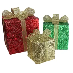 Outdoor Decorations*Northlight Set Of 3 Red Pre-Lit Glittering Gift Boxes Christmas Outdoor Decor 15"