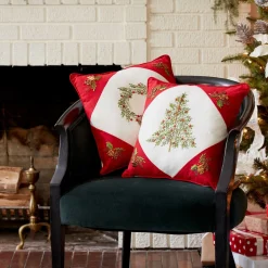 Pillows & Throws*Melrose Set Of 2 Red Tree And Wreath Christmas Square Floral Throw Pillows 15.5"