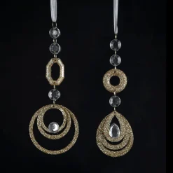 KSA Pendants & Drops>Set Of 24 Round Or Teardrop Gold Glitter With Clear Jewel Christmas Ornaments, 6"