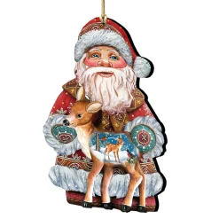 Designocracy Santa Claus>Set Of 2 Santa Claus Fawn Wooden Christmas Ornaments 5.5"