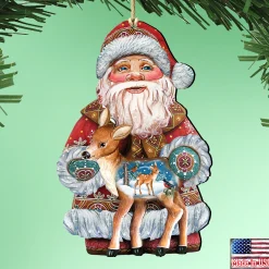Designocracy Santa Claus>Set Of 2 Santa Claus Fawn Wooden Christmas Ornaments 5.5"