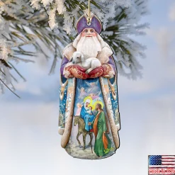 Designocracy Santa Claus>Set Of 2 Santa Goat And The Guardian Angels Wooden Christmas Ornaments 5.5"