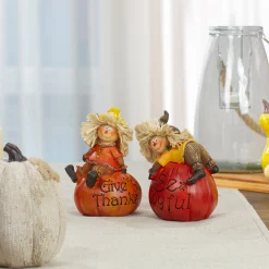 Northlight Set Of 2 Scarecrow On A Pumpkin Thanksgiving Table Figures