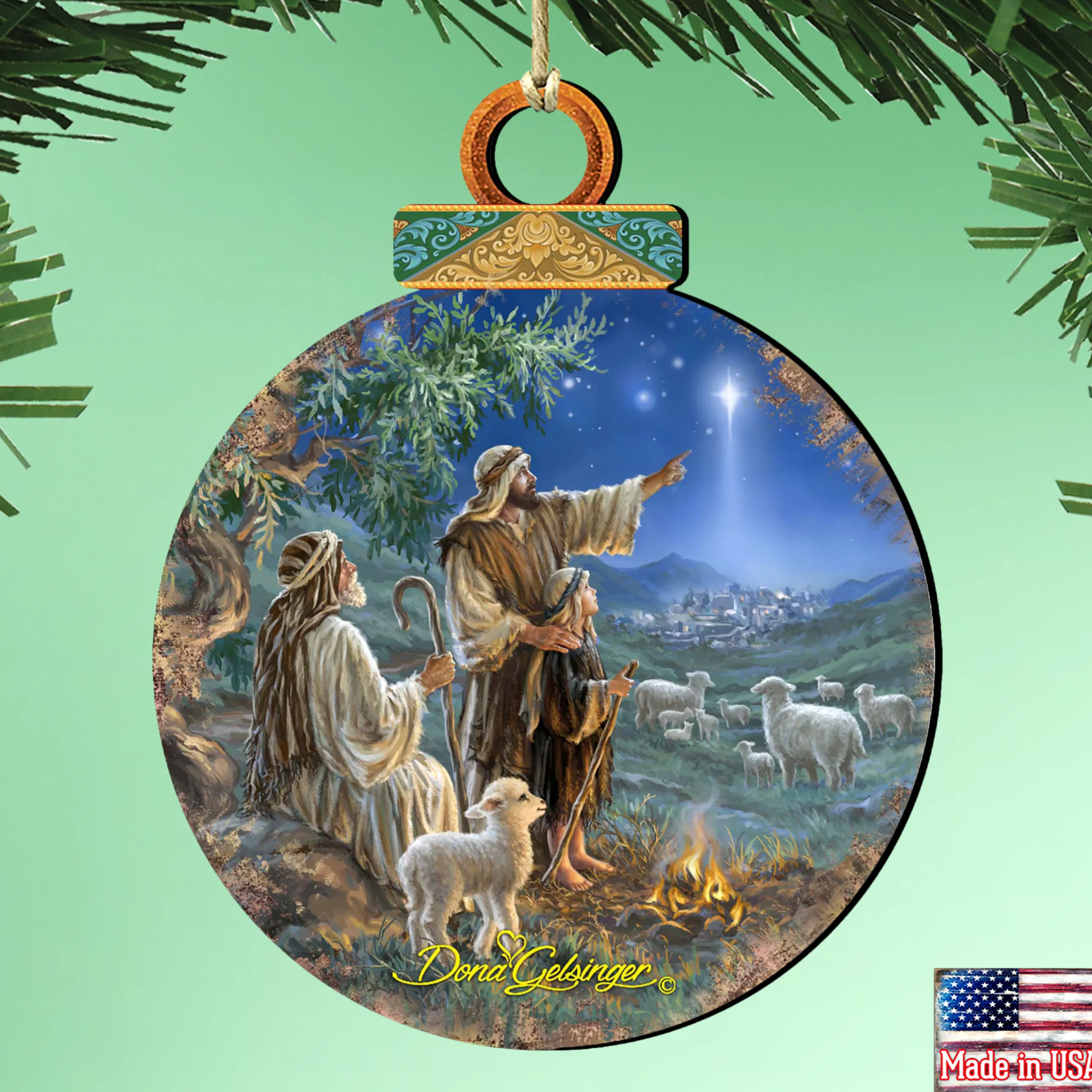 Designocracy Nativity & Religious>Set Of 2 Sheep In The Field Wooden Christmas Ornaments 5.5"