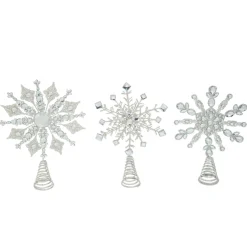 Unlit Tree Toppers*Contemporary Home Living Set Of 3 Silver Christmas Glitter Snowflake Tree Topper 15"
