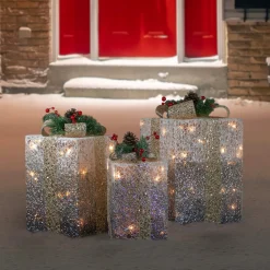 Outdoor Decorations*Northlight Set Of 3 Silver Mesh Glittered Gift Boxes Outdoor Decorations