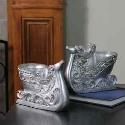 Candles & Holders*Diva At Home Set Of 2 Silver Reindeer Sleigh Christmas Tea Light Candle Holders 4.5"