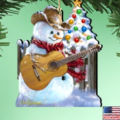 Designocracy Entertainment>Set Of 2 Snowman Playing Guitar Wooden Christmas Ornaments 5.5"
