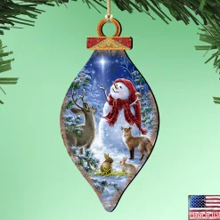 Designocracy Snowmen>Set Of 2 Snowman With The Animals Stargazing Wooden Christmas Ornaments 5.5"