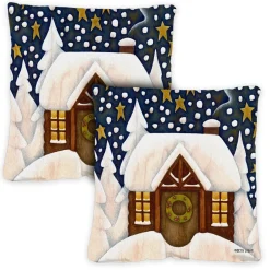 Pillows & Throws*Toland Home Garden Set Of 2 Snowy Cabin Outdoor Patio Christmas Throw Pillow Covers 18"