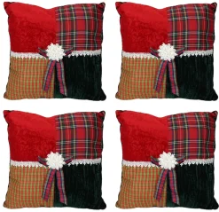 Pillows & Throws*CC Christmas Decor Set Of 4 Square Textured Tartan Plaid Velvet Christmas Throw Pillows 15.5"
