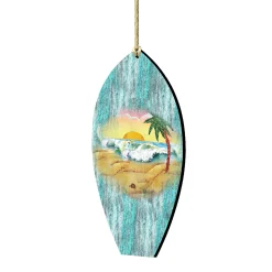Designocracy Beach & Tropical>Set Of 2 Surfboard Beach Scene Wooden Christmas Ornaments 5.5"