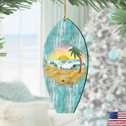 Designocracy Beach & Tropical>Set Of 2 Surfboard Beach Scene Wooden Christmas Ornaments 5.5"