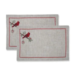 Pillow Perfect Set Of 2 Tan And Red Cardinal Embroidered Christmas Rectangular Placemats 18.5"