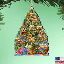 Designocracy Stars>Set Of 2 Teddy Bear Tree With Gifts Wooden Christmas Ornaments 5.5"