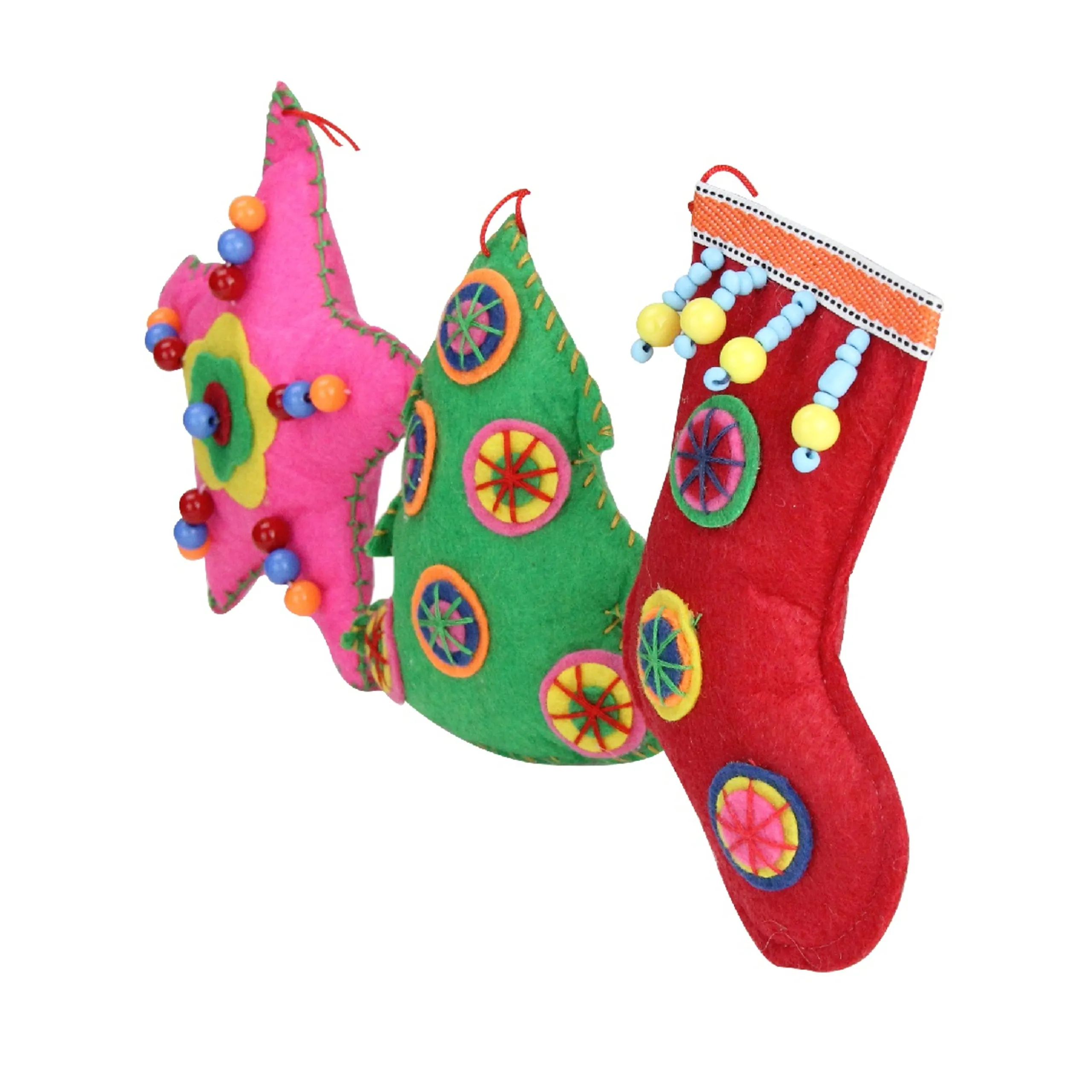 Raz Stars>Set Of 3 Vibrantly Colored Bohemian Plush Star, Tree, And Stocking Christmas Ornaments 5"