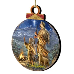Designocracy Nativity & Religious>Set Of 2 Watching Shepherds Round Wooden Christmas Ornaments 5.5"