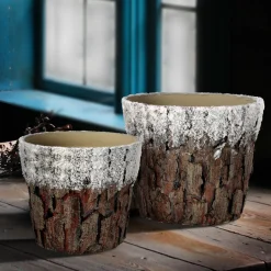 Decoration Storage*Contemporary Home Living Set Of 2 White And Brown Frosted Bark Christmas Pots 9.75"