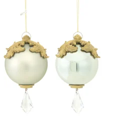 Melrose Pendants & Drops>Set Of 2 White And Gold Raised Acanthus Leaf With Clear Jewel Dangle Christmas Ornament 6.5"