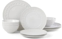 Contemporary Home Living Set Of 12 White Chelse Muse Fleur Dinner Set Collection, 13"