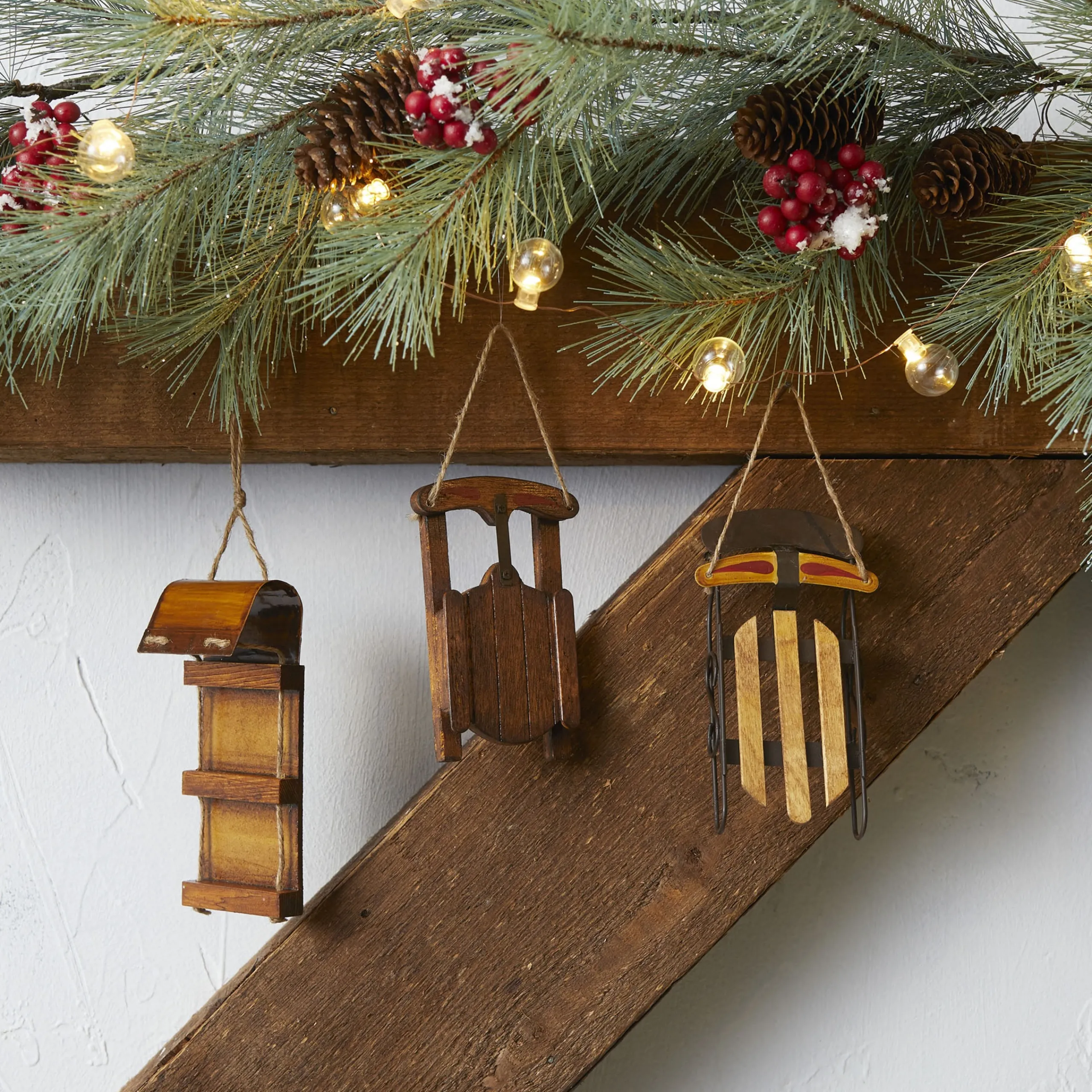 Contemporary Home Living Sleighs>Set Of 12 Wood Sled Design Hanging Ornaments Decorations 5.75"