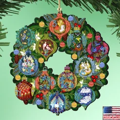 Designocracy Entertainment>Set Of 2 Wreath With 12 Days Of Christmas Wooden Ornaments 5.5"