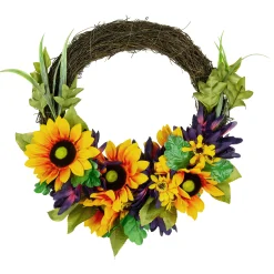 Northlight Sunflower And Mum Twig Autumn Artificial Floral Wreath, 20-Inch