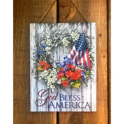 Glow Decor White And Blue "God Bless America" Printed Rectangular Wall Sign With Rope Hanger 10" X 7.5"