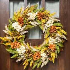Northlight White And Orange Hydrangea Artificial Fall Harvest Twig Wreath, 28-Inch, Unlit