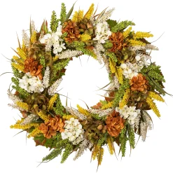 Northlight White And Orange Hydrangea Artificial Fall Harvest Twig Wreath, 28-Inch, Unlit