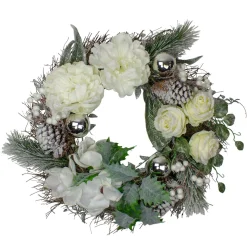 Traditional Pine Wreaths*Northlight White And Silver Floral Flocked Pine Artificial Grapevine Christmas Wreath - 24-Inch, Unlit