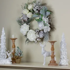 Traditional Pine Wreaths*Northlight White And Silver Floral Flocked Pine Artificial Grapevine Christmas Wreath - 24-Inch, Unlit