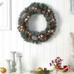 Frosted, Flocked, Iced Wreaths*Nearly Natural Winter Frosted Stars And Pinecones Artificial Christmas Wreath, 24-Inch, Unlit